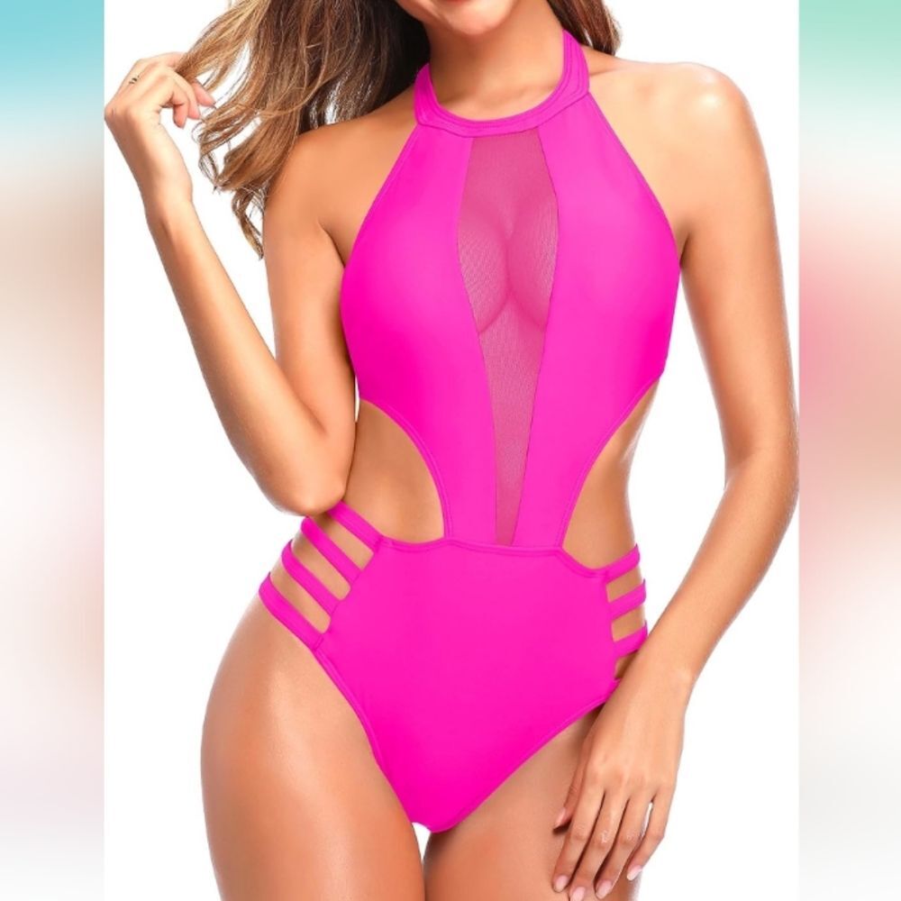 Tempt Me Hot Pink Sexy Mesh High Neck Halter Cutout Swimsuit Size Med NWT - Picture 3 of 5